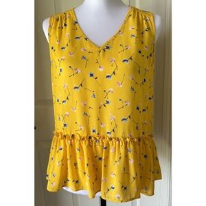 PLEIONE Anthropologie Blouse Womens Small Sleeveless Yellow Floral Peplum Top